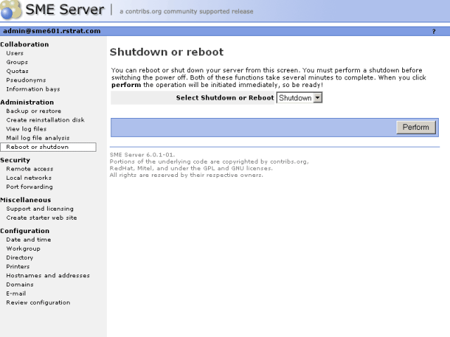 Shutdown or reboot Web Panel