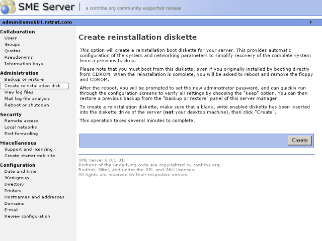 Create reinstallation diskette Web Panel