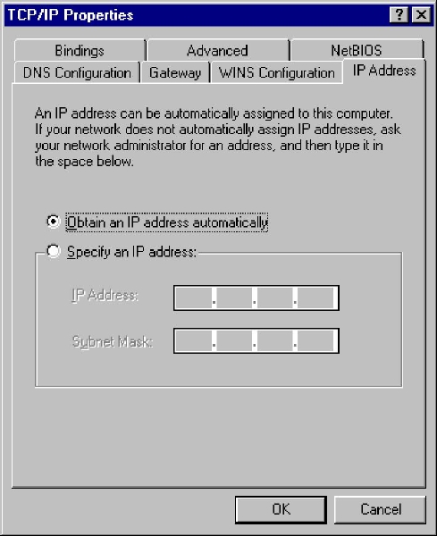 Windows 95/98 TCP/IP properties window