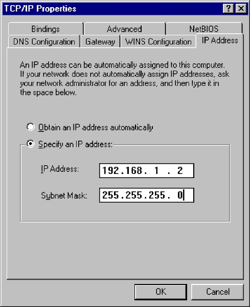 Windows 95/98 TCP/IP Properties - selecting the IP protocol